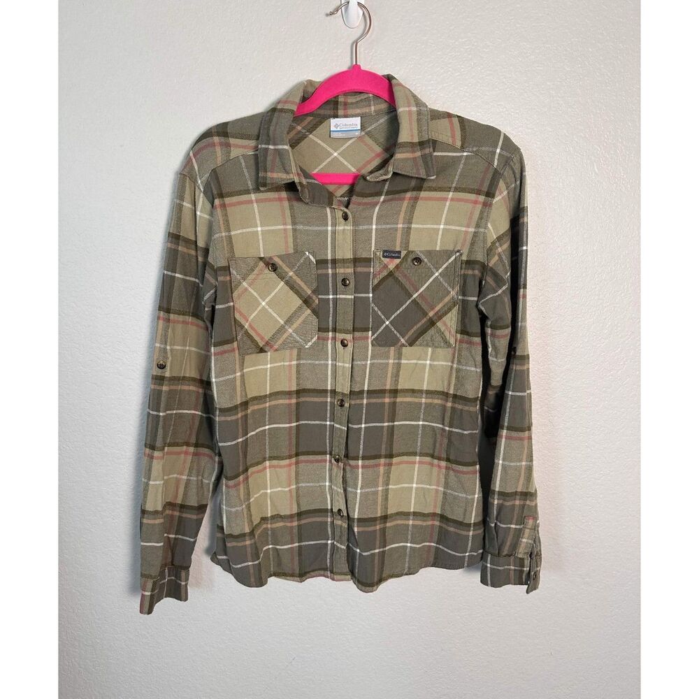 Columbia Women's Plaid Flannel Button Down Shirt Green Pink Size Medium Gorpcore